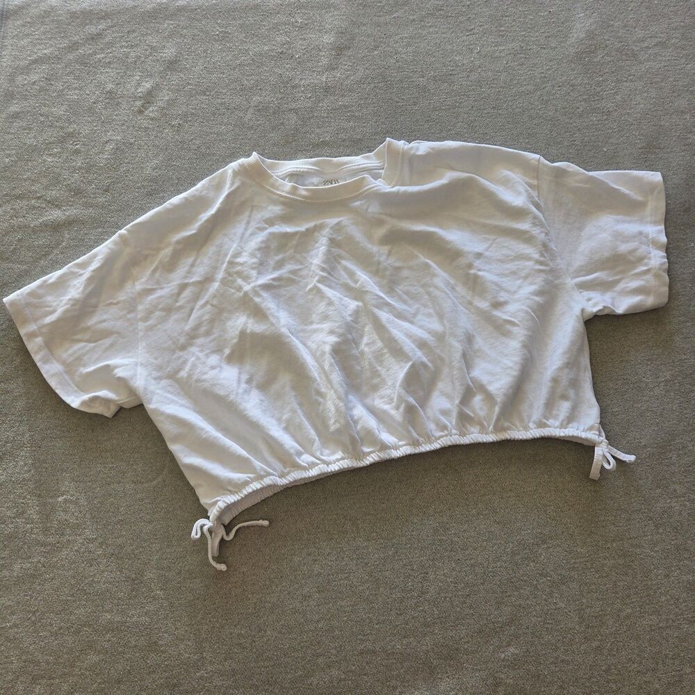 Zara White Cropped Short Sleeve Shirt Cotton Youth Size 13 14 Minimalist Bow Tie